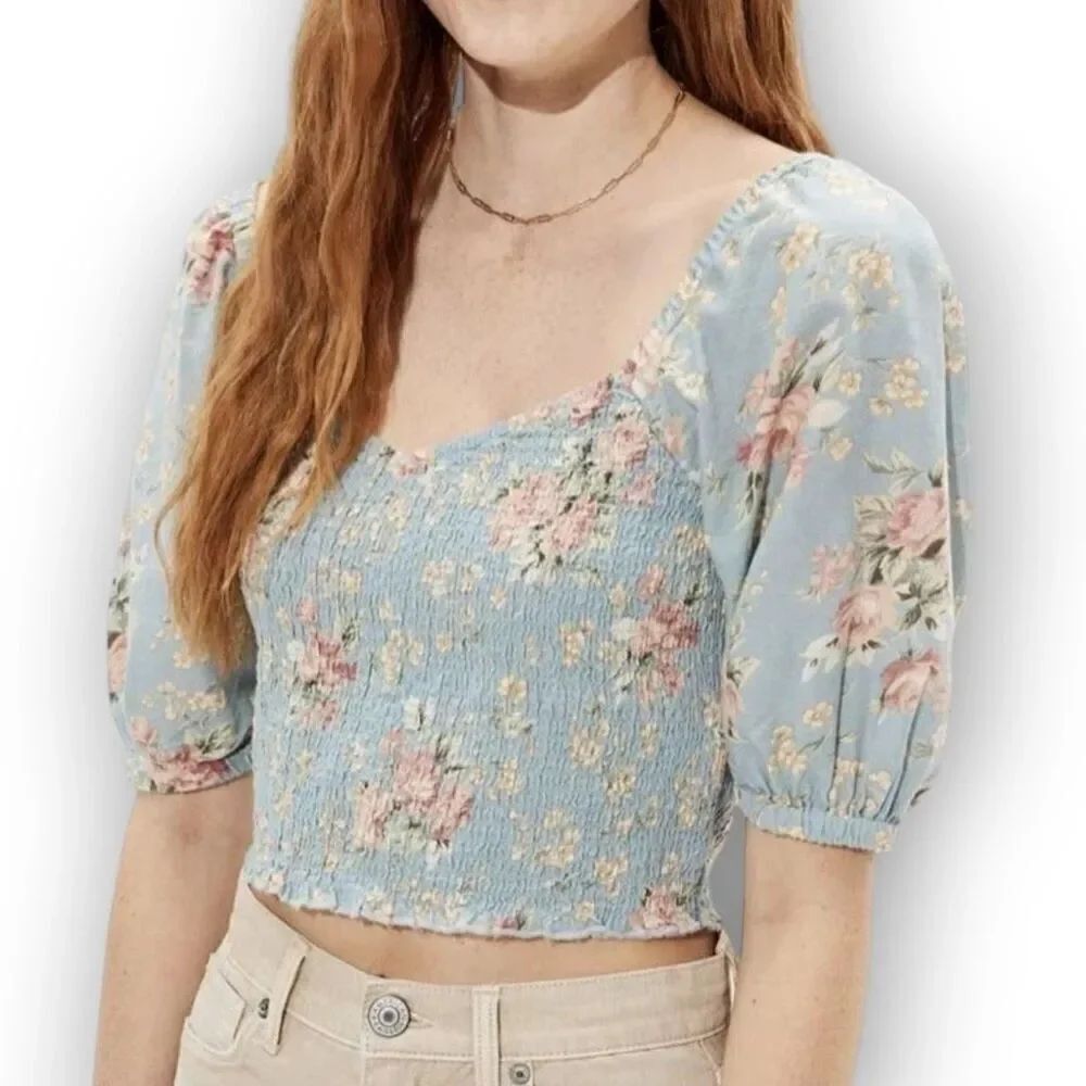 American Eagle AE Floral Smocked Sweetheart Neck Top Women’s Size Large